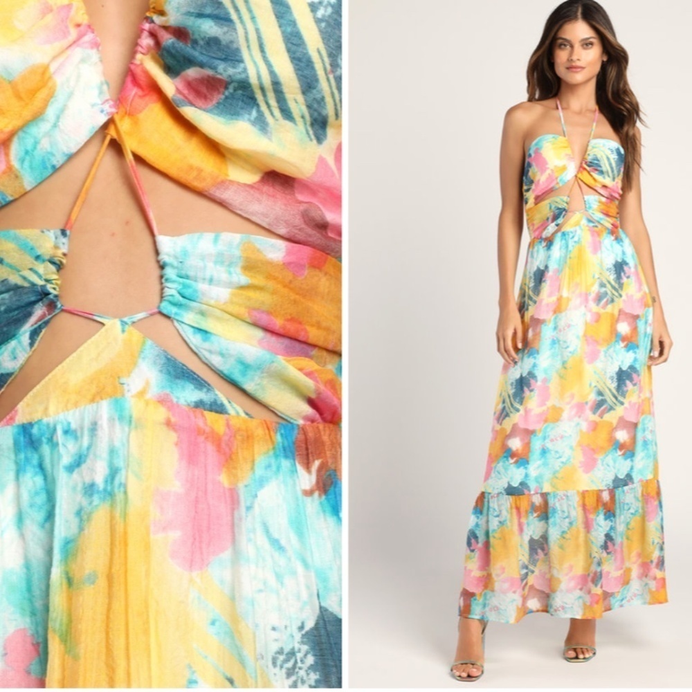 Lulu's Pastel Tropical Halter Tie-Front Maxi Dress